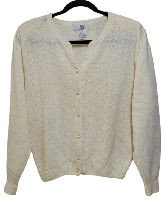 PS Illustrations Sweaters - PS Illustrations Pointelle Knit Cardigan Sweater Ivory Medium Lambswool Blend